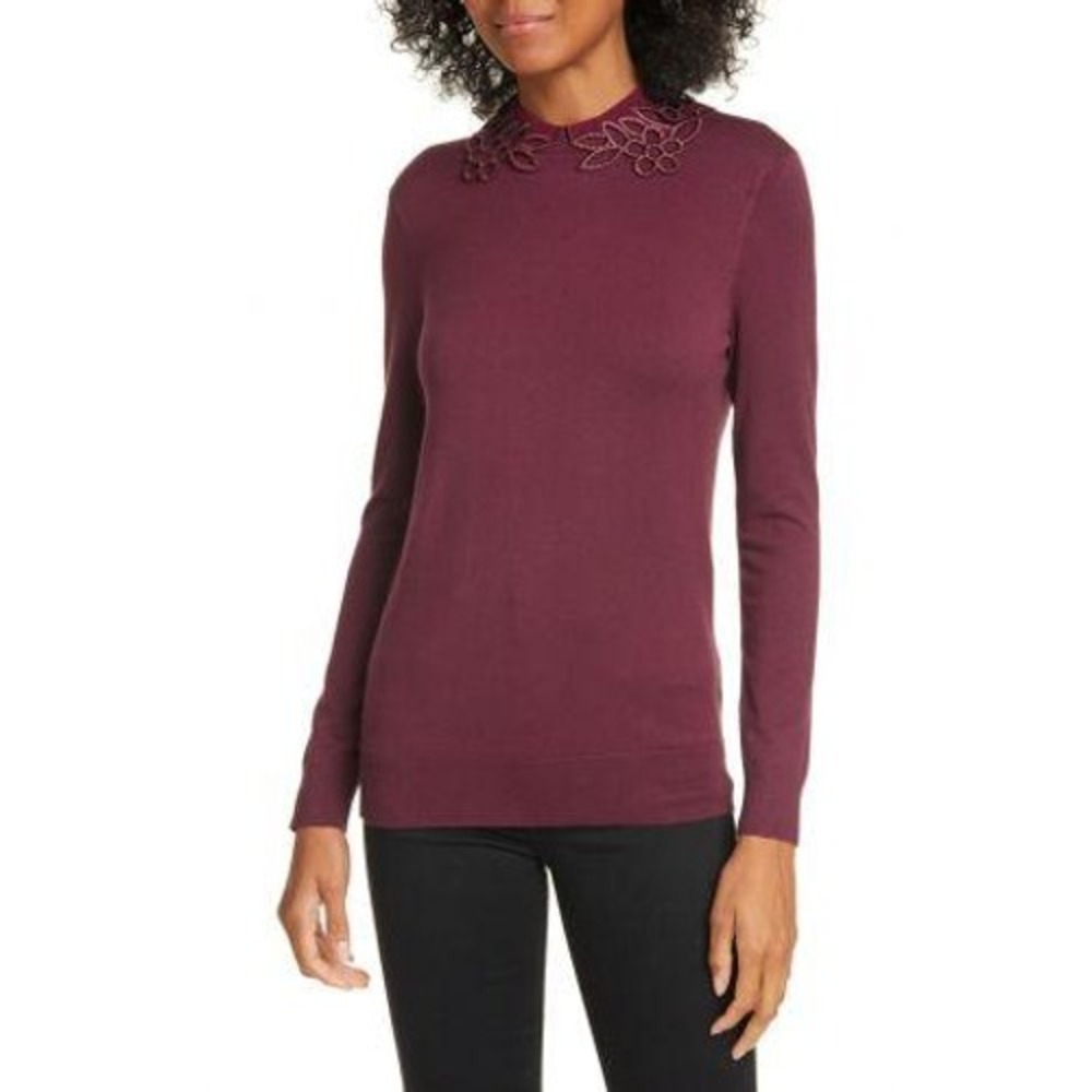 Ted Baker London Womens Azaleo Jumper Burgundy Embellished‎ Floral Collar Size 4